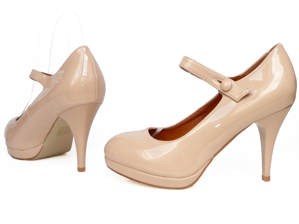 Smėlio spalvos klasikiniai vestuviniai bateliai su dirželiu - 2