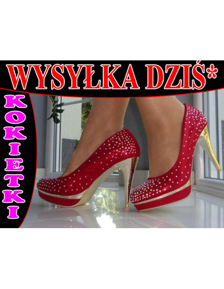 SZPILKI PLATFORMA CZERWONE NISKIE CYRKONIE