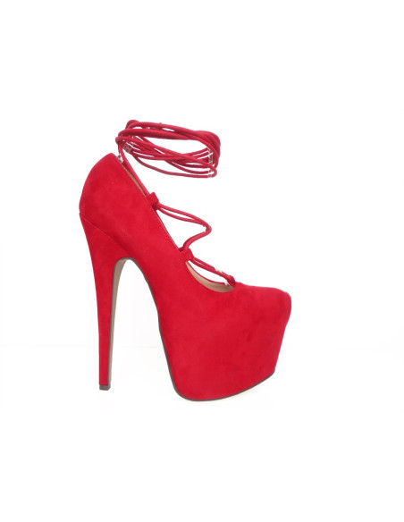 Pantofi cu toc înalt din piele de căprioară roșie, legați de 17cm - 1