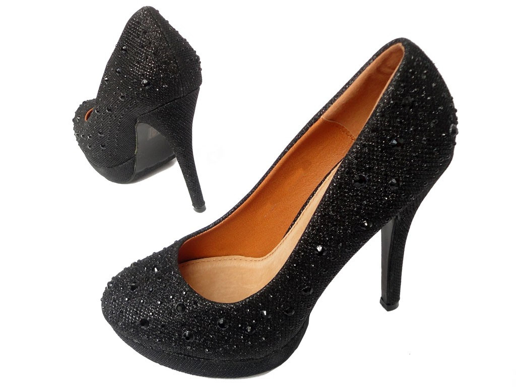 Melni stiletto papēži ar cirkoniem uz platformas - 5
