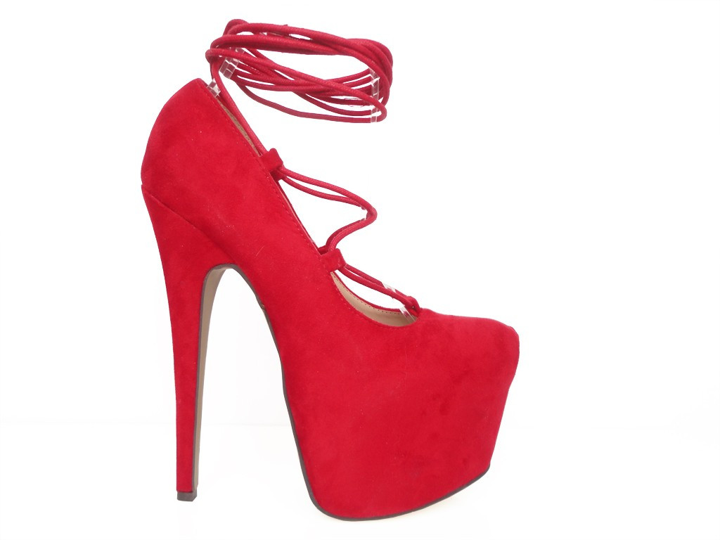 BUTY RAUDONI ZOMŠINIAI AUKŠTAKULNIAI SU RAIŠTELIAIS 17CM - 2