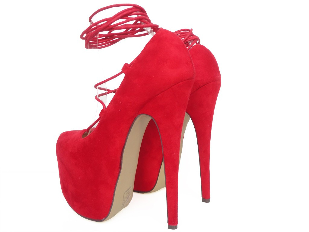BUTY SZPILKI CZERWONE ZAMSZ WIĄZANE 17CM