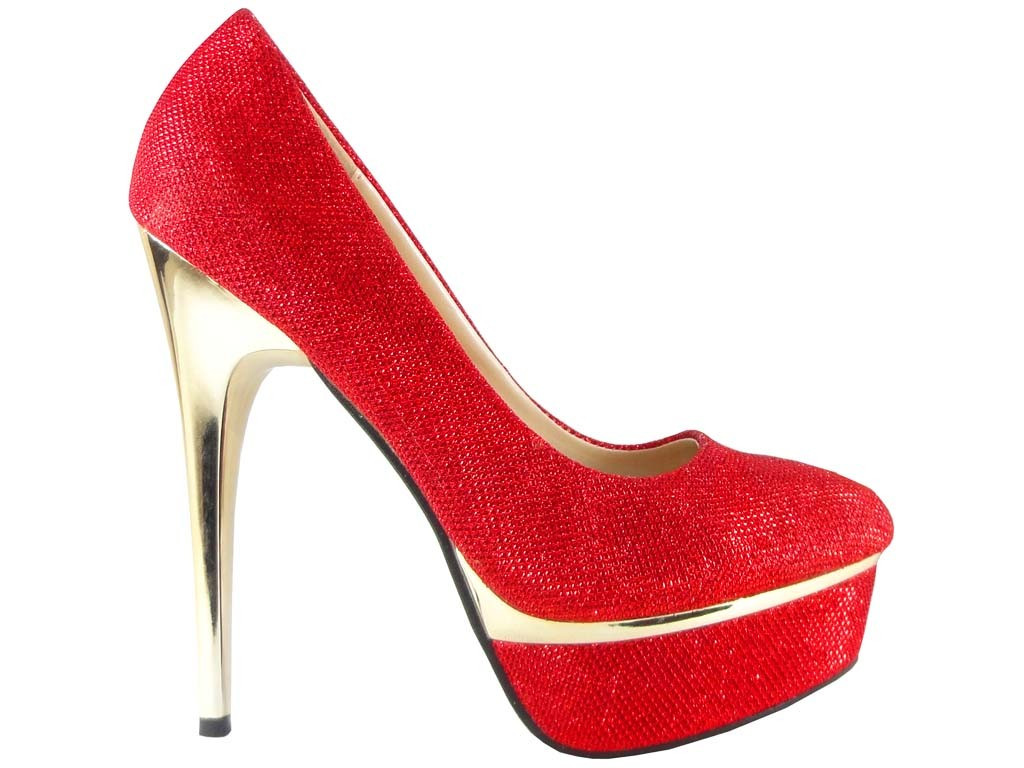 SZPILKI CZERWONE RED BROKATOWE PLATFORMA