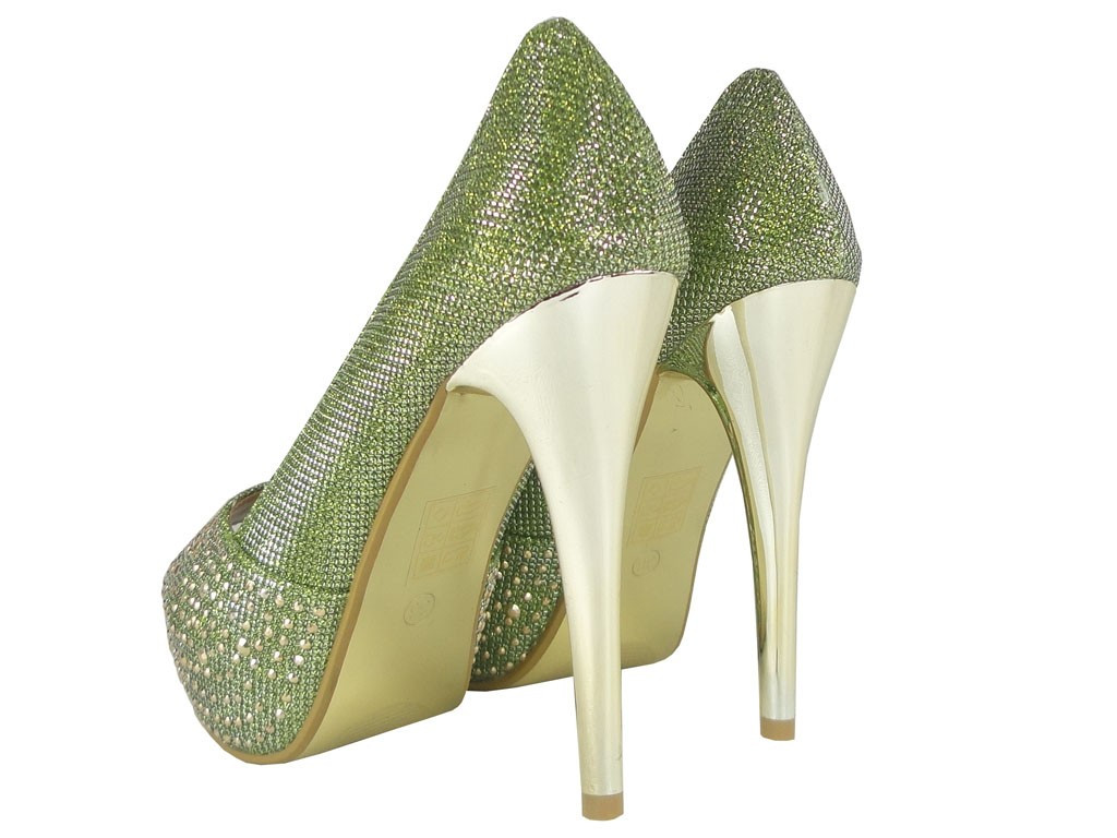 Olivgrüne High Heels auf Strassplattform - 4