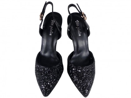 Pantofi dama cu toc înalt cu sclipici negru - 2