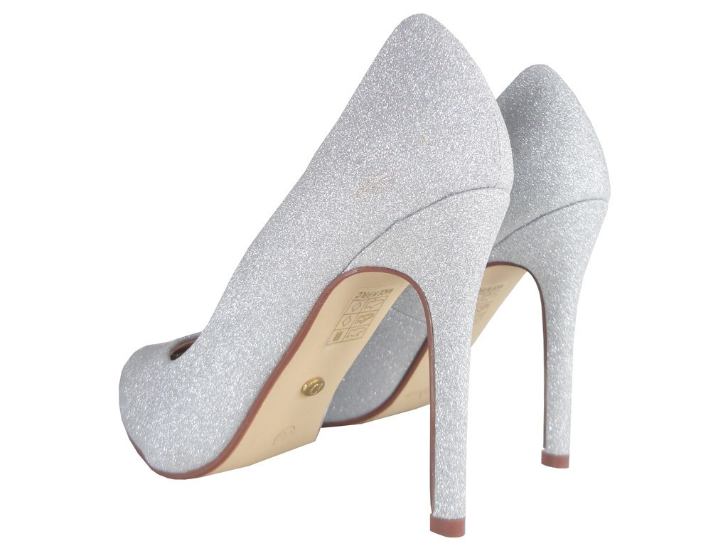 SREBRNE BROKATOWE SZPILKI DAMSKIE BUTY