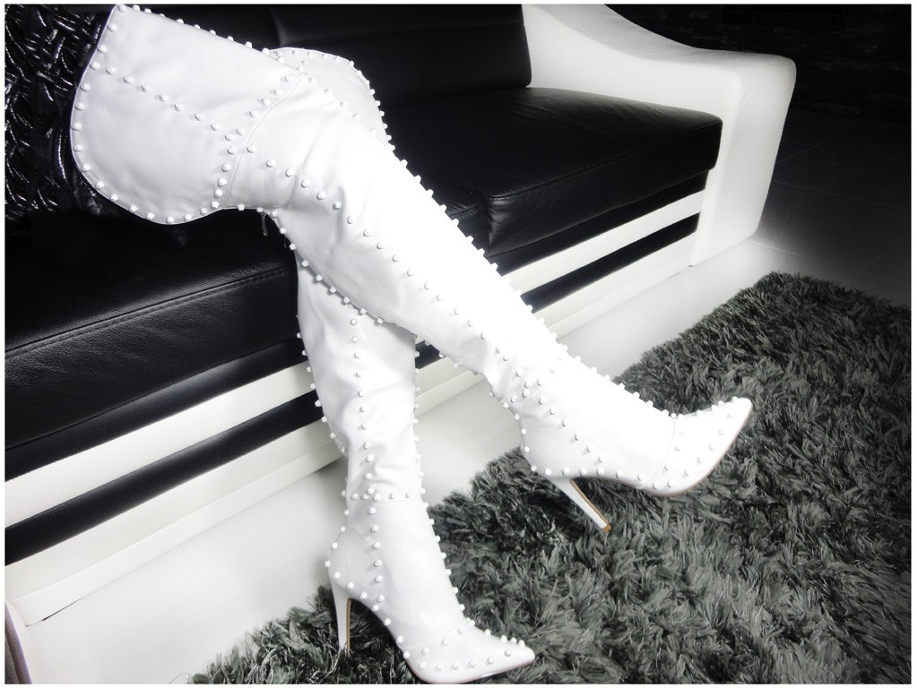 BOTTES BLANCHES DERRIÈRE LE GENOU AVEC DES CLOUS BOTTES D'HIVER - 2