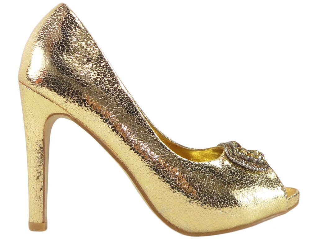 Pantofi pentru femei cu toc înalt, auriu, cu zirconiu cubic - 1