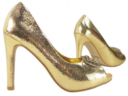 Zlaté vysoké dámské boty na podpatku se zirkony - 3