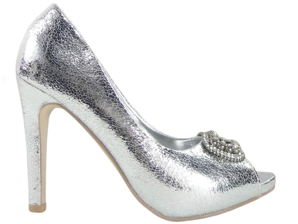 Pantofi pentru femei cu toc înalt argintiu, cu zirconiu cubic - 1