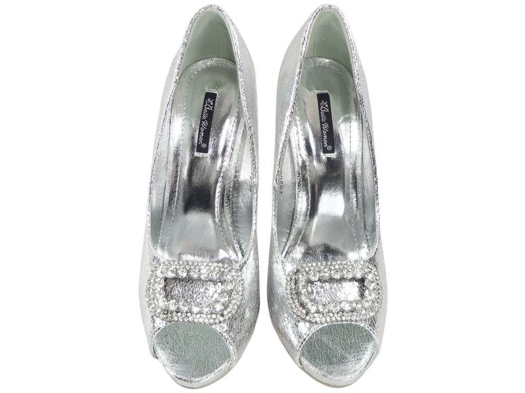 Silberne High Heels Damenschuhe mit Zirkon - 2