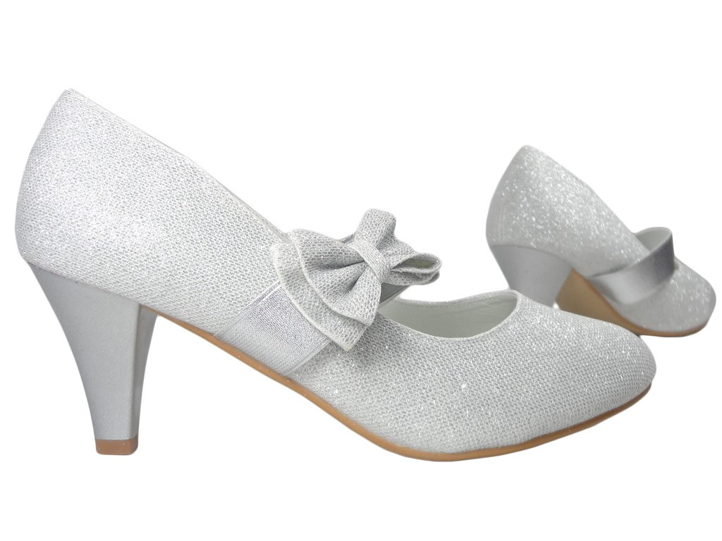 SREBRNE SZPILKI NISKIE BROKATOWE BUTY ŚLUBNE - 3