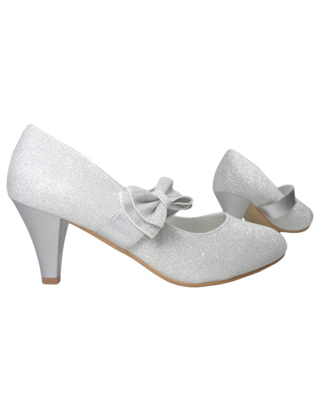 SREBRNE SZPILKI NISKIE BROKATOWE BUTY ŚLUBNE