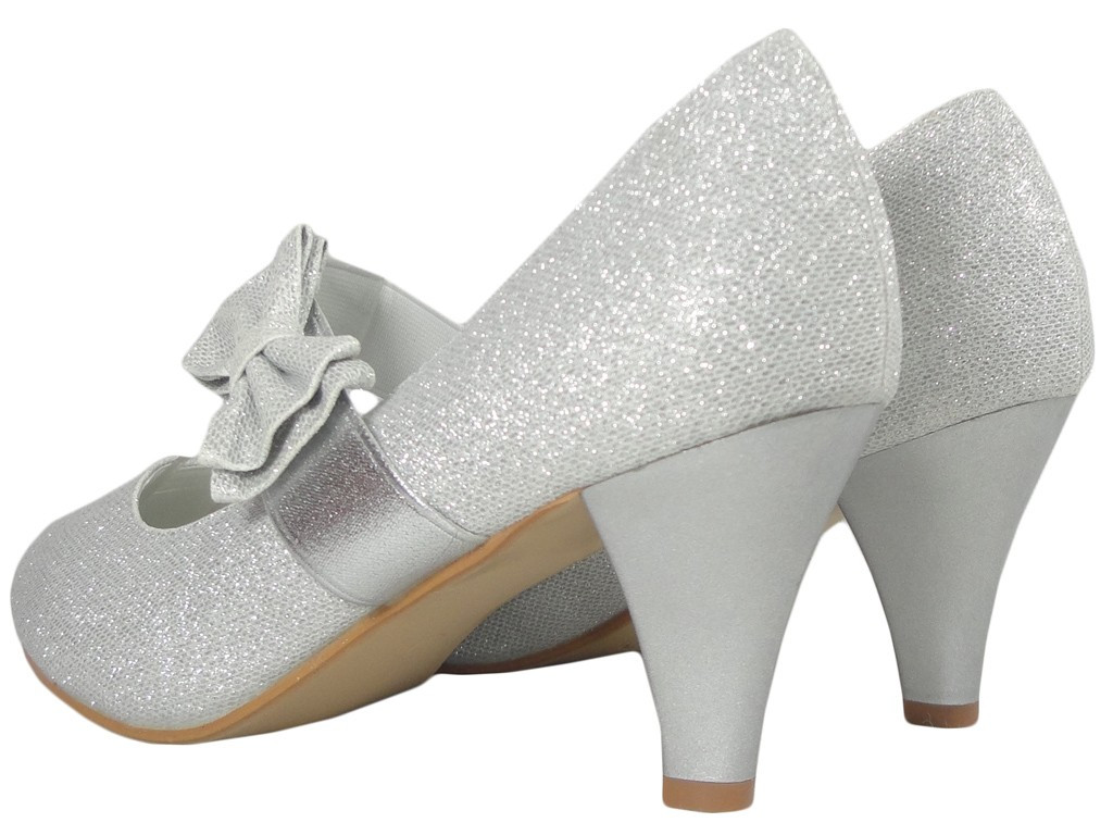 SREBRNE SZPILKI NISKIE BROKATOWE BUTY ŚLUBNE - 4