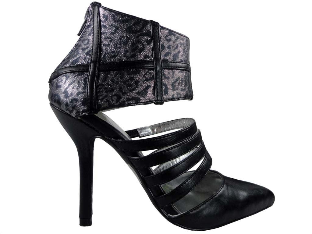 Schwarze High Heels mit Leopardenriemen - 1