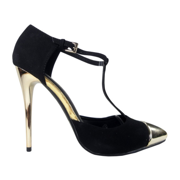 Schwarze High Heels mit Knöchelriemen und goldener Nase - 1