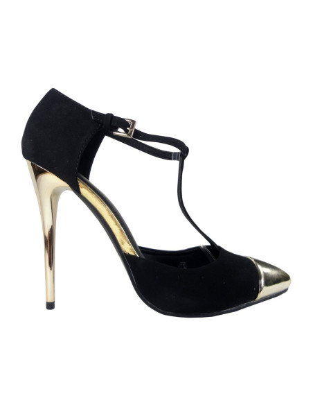Schwarze High Heels mit Knöchelriemen und goldener Nase - 1