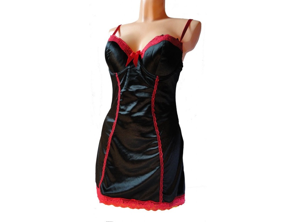 CHEMISE DE NUIT EN SATIN NOIR ROUGE - 1