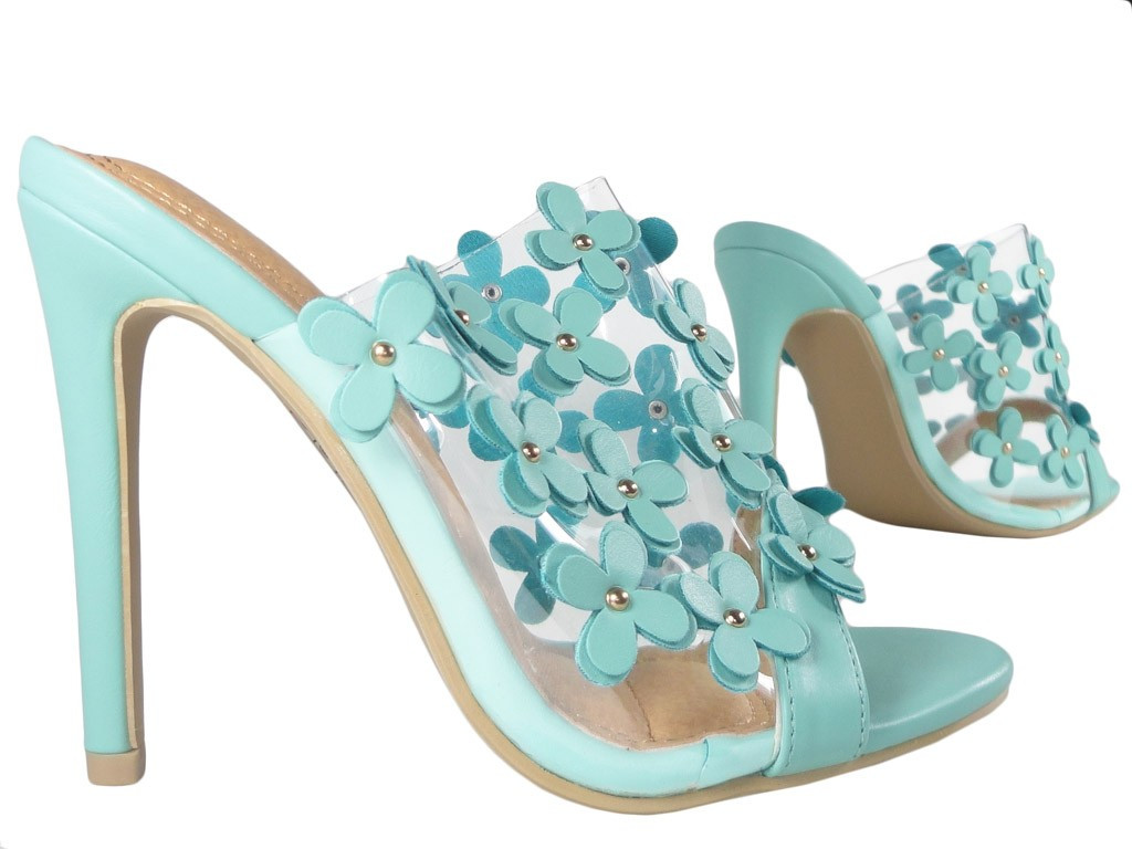Niebieskie klapki damskie przeźroczyste na obcasie - 3