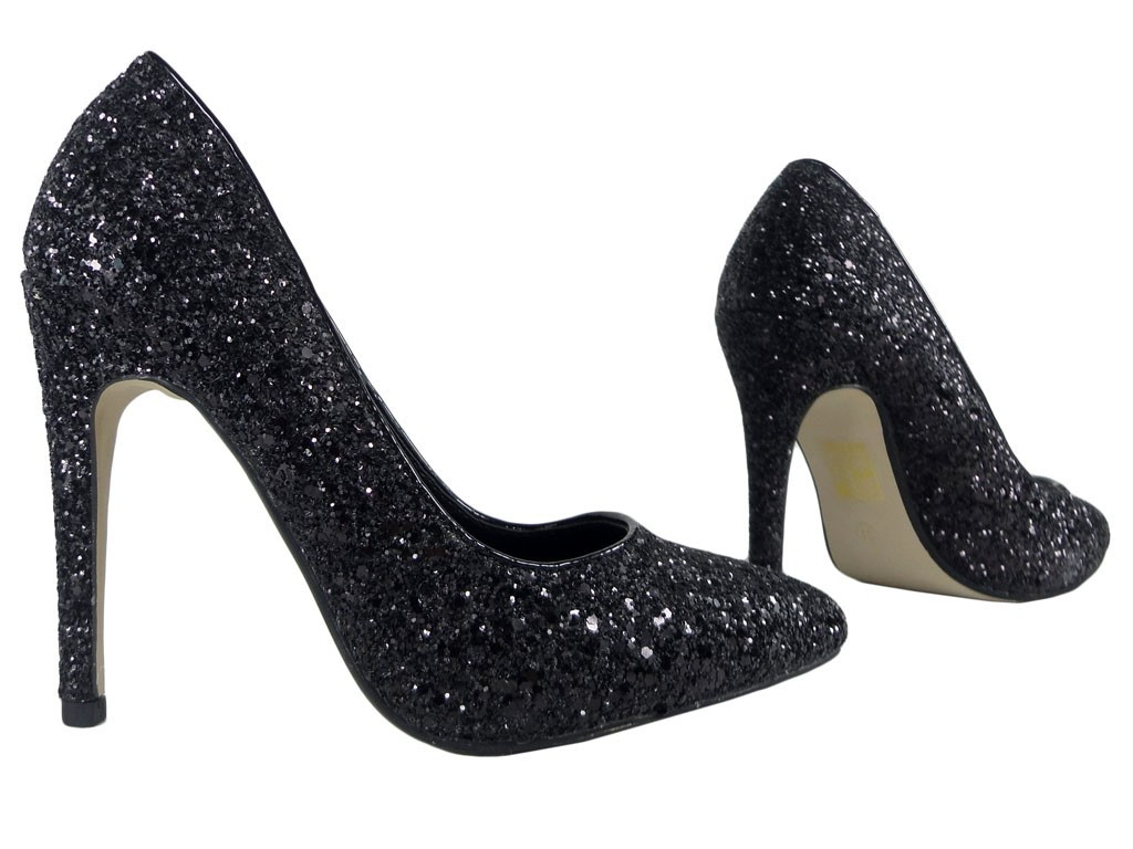 Melni mirdzoši brokāta stilettos - 2