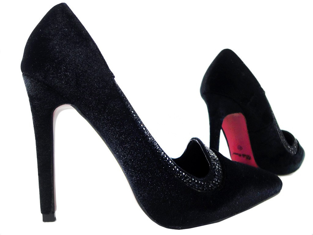 Schwarze Velours-Heels mit Zirkon-Pumps - 3