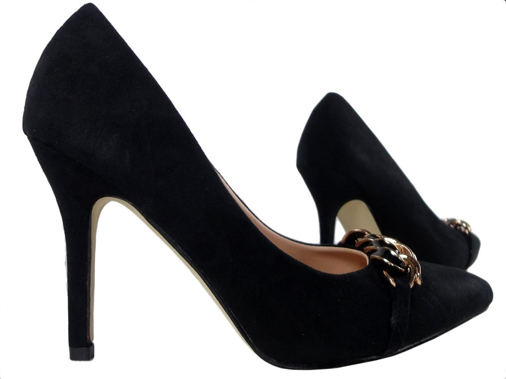 Schwarze High Heels aus Wildleder mit Kette - 3