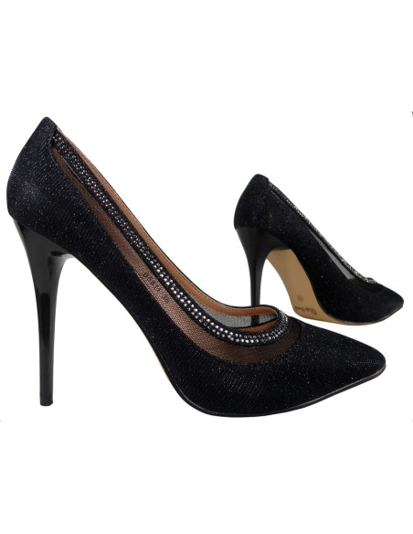 Pantofi cu toc sclipici negru cu zirconiu cubic - 3
