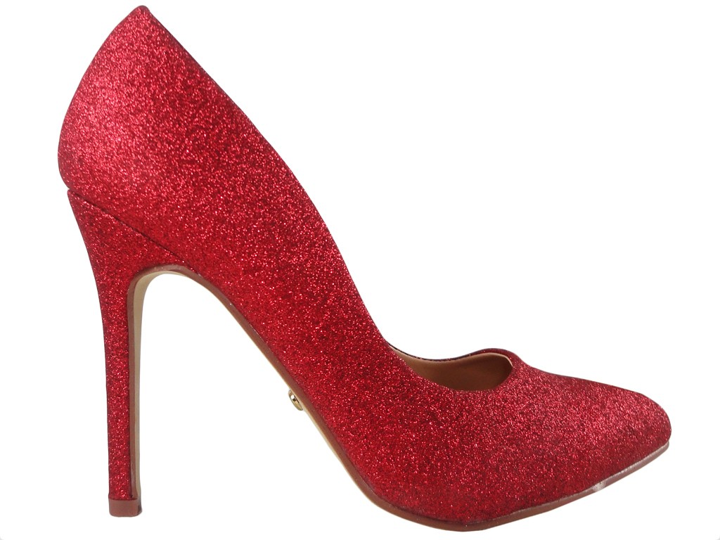 Pantofi pentru femei cu toc înalt din brocart roșu - 1