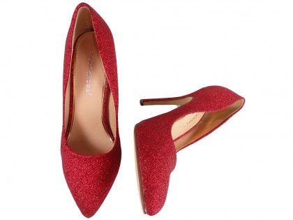 Czerwone szpilki brokatowe buty damskie - 2