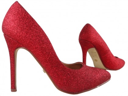 Pantofi pentru femei cu toc înalt din brocart roșu - 3