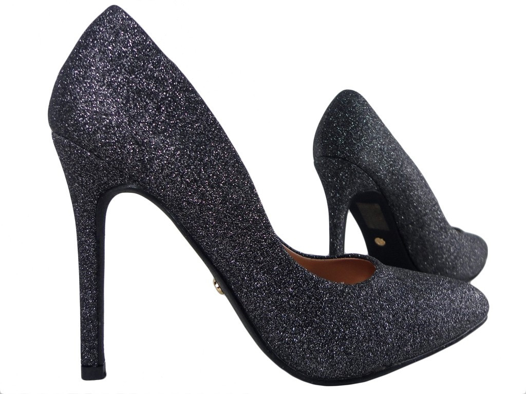 Schwarze Schuhe aus schwarzem Brokat mit hohen Absätzen - 3