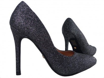 Czarne szpilki brokatowe buty damskie - 3