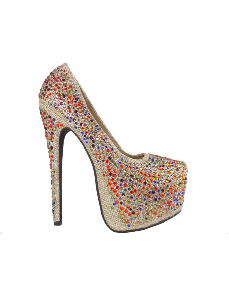 Gold high heels on a platform with zircons shoes - 1