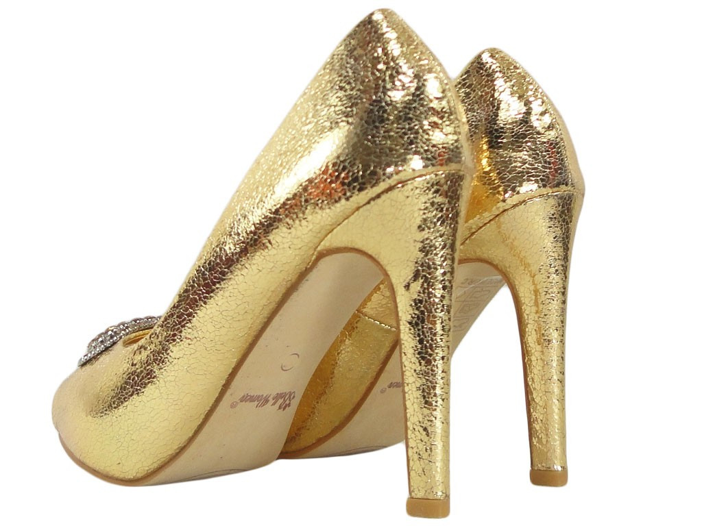 Sieviešu zelta stiletto papēži ar brošu apaviem - 4