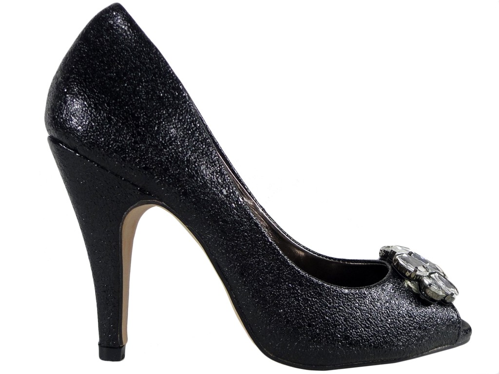 Black pins ladies' shoes with zirconia brooch - 1