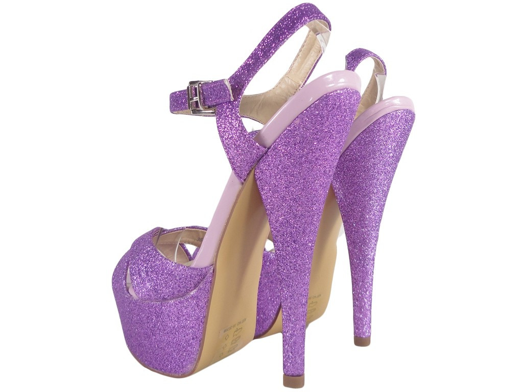 Fialové trblietavé sandále na vysokom podpätku - 4