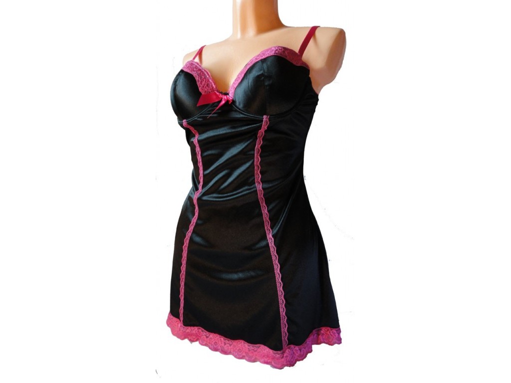 CHEMISE DE NUIT EN SATIN NOIR ROSE - 1