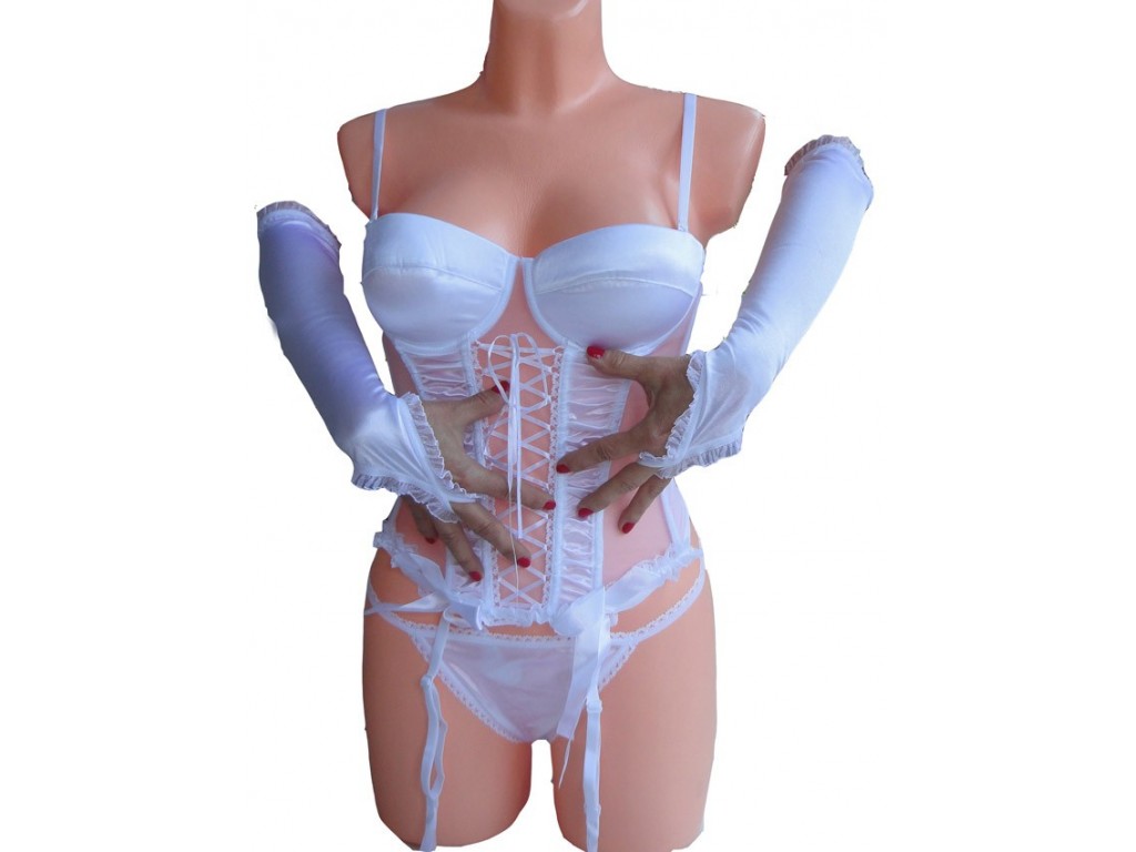 CORSET WHITE SET OF SATIN LINGERIE - 1