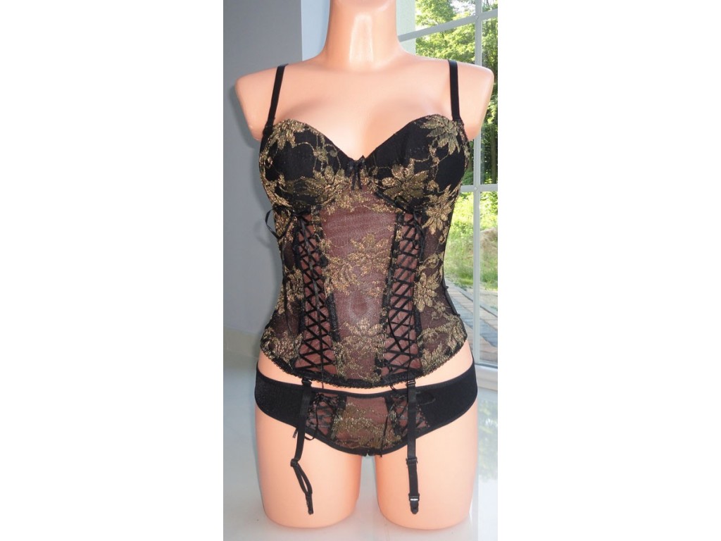 ENSEMBLE CORSET DE LINGERIE OR NOIR - 1