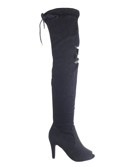 Czarne jeansowe kozaki buty letnie z odkrytym palcem - 1