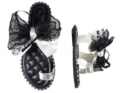 Ladies' flip flops black boots with white ribbon - 2