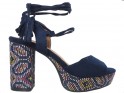 Dark blue sandals on the block and platform in boho style - 1