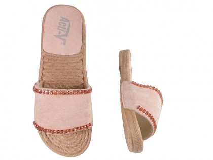 Papuci de damă roz, cu pantofi plate din zirconiu cubic - 2