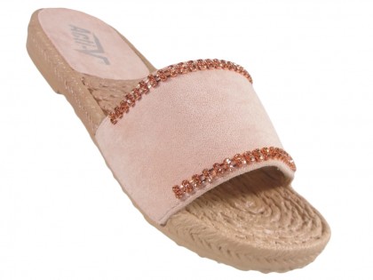 Papuci de damă roz, cu pantofi plate din zirconiu cubic - 3