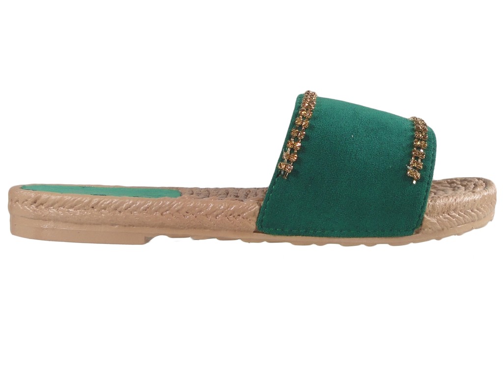 Zielone klapki damskie z cyrkoniami płaskie buty - 1