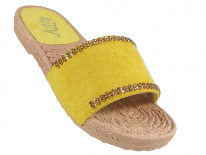 Geltonos moteriškos šlepetės su cirkonais, plokšti batai - 3