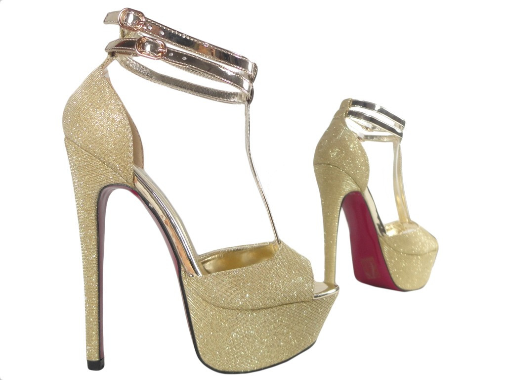 Zelta platformas stilettos ar potītes siksniņu ar mirdzumu - 3