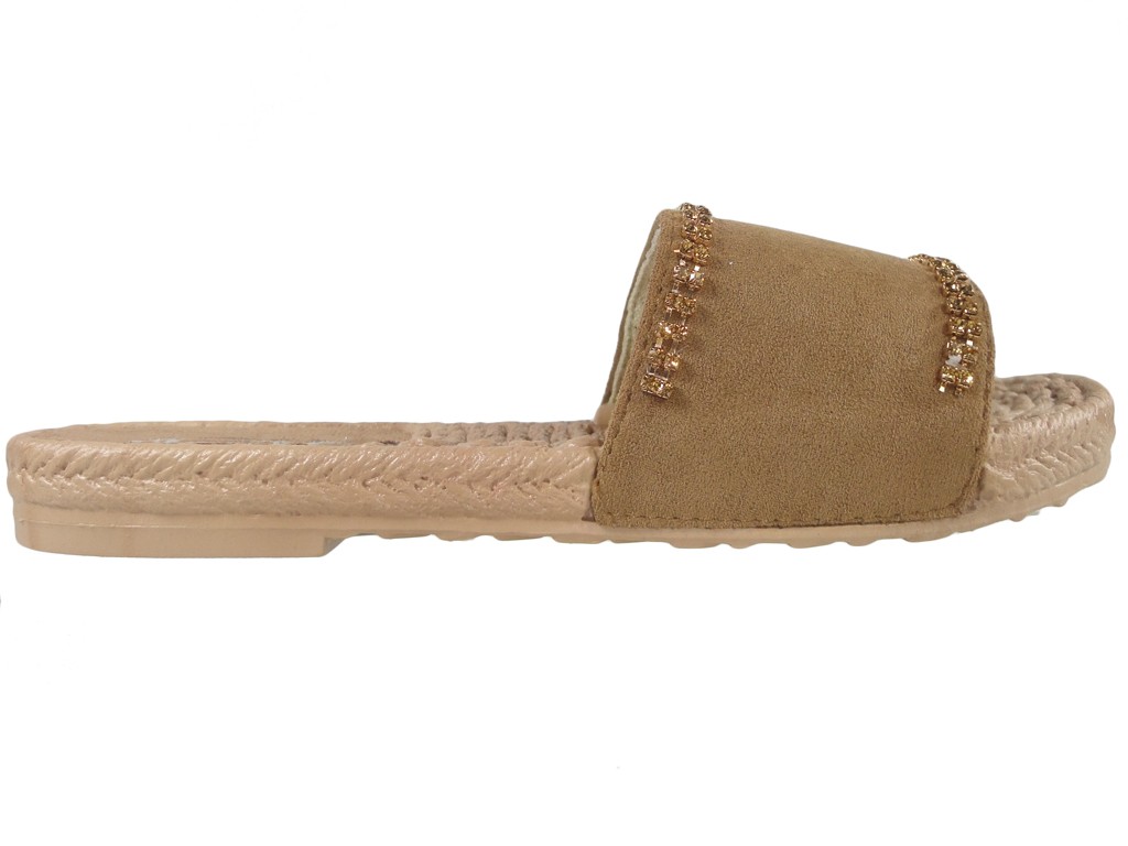 Brązowe camel klapki z cyrkoniami płaskie buty - 1