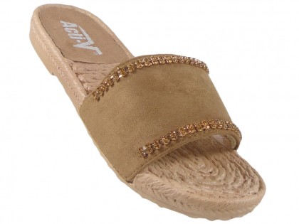 Brown camel flip flops with zirconia flat shoes - 3