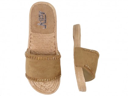Brązowe camel klapki z cyrkoniami płaskie buty - 2